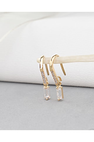 Brezza Lusso Jewelry 18k Serie Oro Baget Taşlı Çengel Asma Minimal Gümüş Küpe