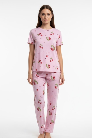 Kompedan Kadın Bisiklet Yaka Yumuşak Dokulu Büyük Kiraz Desenli Kısa Kol Pijama Takım Pembe 70132-4668