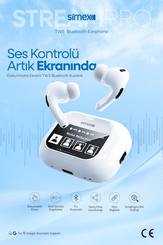 Simex Stream Pro Dijital Dokunmatik Ekranlı ANC/ENC Bluetooth 5.4 Kulak İçi Kulaklık