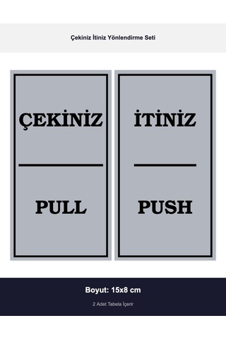 Çekiniz İtiniz Yönlendirme Seti - 2 Parça Yönlendirme Levhası Seti - Kendinden Yapışkanlı Metalik Gümüş Gri Tabela 15x8 Cm