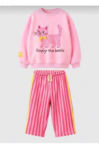 Moda Kız Çocuk 2'li Eşofman Takımı Pembe Sweatshirt Çizgili Pantolon Günlük Spor Takım
