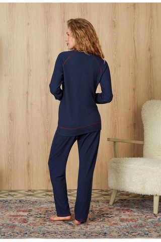 Doreanse Kadın Lacivert Waffle Kumaş Kırmızı Dikiş Detaylı T-shirt Pijama Takımı 4204-standart Standart
