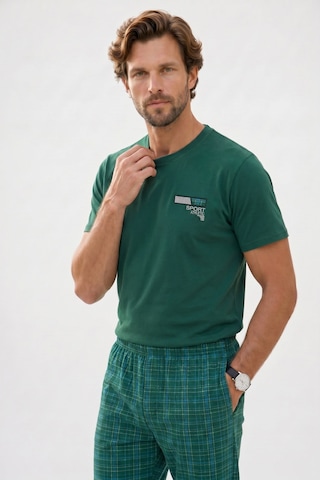 Tudors Erkek Standart Fit Normal Kesim Pamuklu Bisiklet Yaka Kısa Kollu Lastikli Yeşil Pijama Takımı-51140