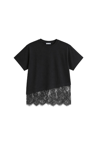Vadon 1005 Kadın Pamuklu Regular Fit Bisiklet Yaka Asimetrik Kesim Dantel Detaylı Yumuşak Dokulu T-shirt Siyah