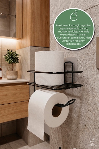 Yapışkanlı Tuvalet Kağıtlığı Mat Siyah Metal Kağıtlık Delmeden Montaj Banyo Organizer