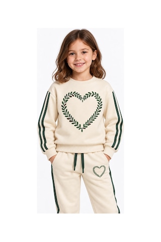 Rony Pony Kids Kız Çocuk Ekru Yeşil Kalp Desenli Şeritli Eşofman Takımı Sweatshirt Ve Jogger Pantolon Beyaz Yeşil