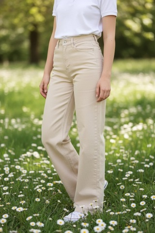 Woddi Nova Kadın Yüksek Bel Krem Salaş Jeans Wide Leg Geniş Paça Palazzo Kot Pantolon