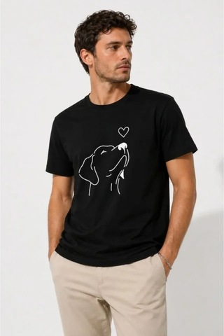 Butik İstanbul Erkek Köpek Figürlü Minimal Baskılı Tişört Kısa Kol Yazlık T-shirt - Siyah
