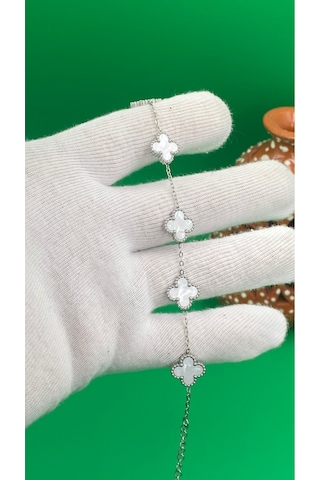 Gümüş Renk Yonca Model Çelik 316l Bileklik Beyaz