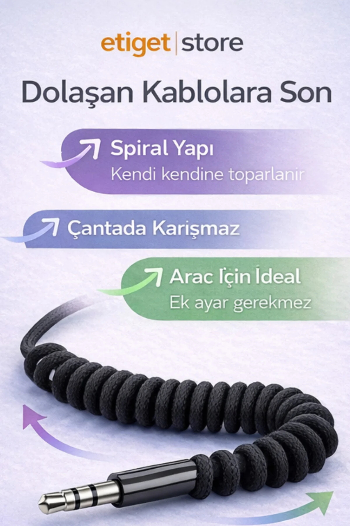 İphone 11/12/13/14 Uyumlu Kumaş Spiralli Aux Kablosu Kopmaz Dolaşmaz 1 Metre