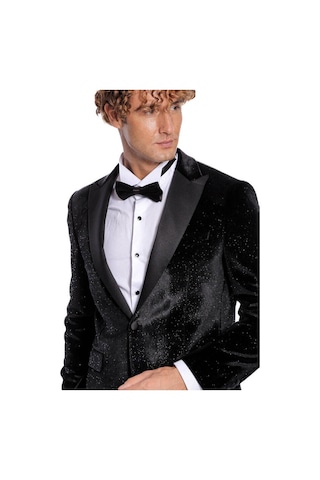 Simli Slim Fit Kadife Siyah Erkek Smokin Ceket - Wessi Siyah