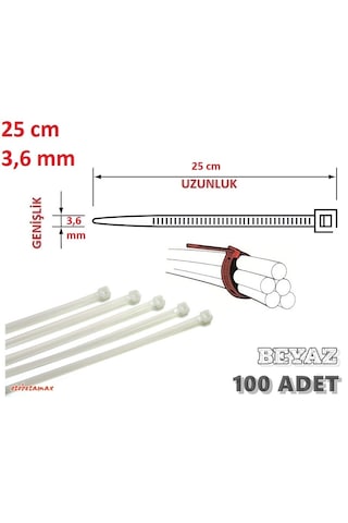 100 Adet 25cmx3,6mm Beyaz Plastik Cırt Kelepçe Kablo Bağı
