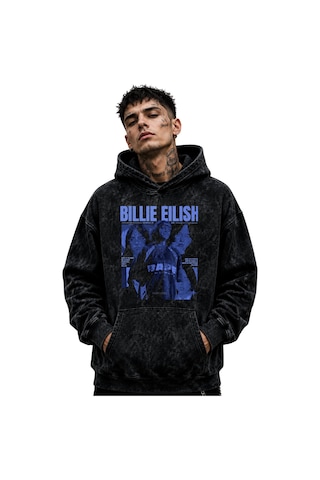 Sevbano Billie Eilish Şarkıcı Baskılı Unisex Oversize Yıkamalı Hoodie Swe Siyah