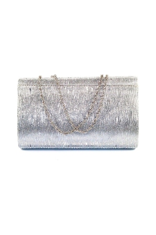 Lazer Dalgalı Kumaş Gümüş Abiye Çanta Kadın Abiye Çanta Abiye Çanta Gümüş Gri Davet Düğün Çantası