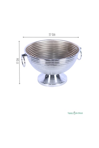 Yapay Çiçek Sitesi Metal Çizgili Küpeli Vazo 17 Cm Gümüş