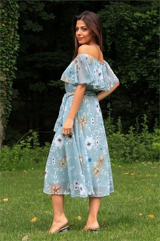 Dip Moda Kadın Kuşaklı Carmen Yaka Şifon Elbise Dpm100371 Mint