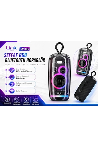 Linktech Şeffaf Bluetooth Hoparlör - Linktech R116 Şeffaf Tasarım Ipx5 Sertifikalı Rgb Işıklı Blueto