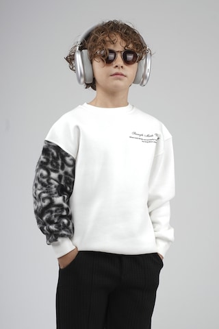 King-Brich Kingbrich Kids Bisiklet Yaka Kolu Garnili Baskılı Çocuk Sweatshirt Ekru