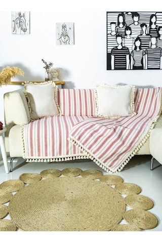 Dnc Home Tekstil Ndchome Bordo Çizgili Ham Ponponlu Otantik Koltuk Örtüsü Koltuk Şalı