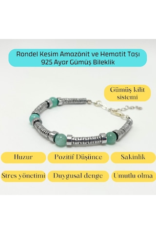 Yıldız Doğal Taş Rondel Kesim Amazonit ve Hematit Doğal Taş Gümüş Bileklik 6 MM