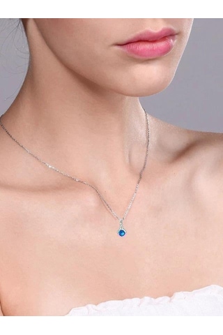 Brezza Lusso Jewelry Zarif Tasarım Minik Safir Tektaş Kadın Gümüş Kolye 45 CM