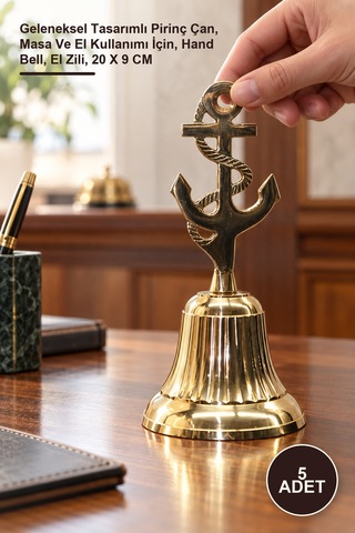 5 Adet Pirinç Çapalı El Çanı Geleneksel Tasarımlı Pirinç Çan, Masa Ve El Kullanımı İçin, Hand Bell, El Zili, 20 X 9 Cm