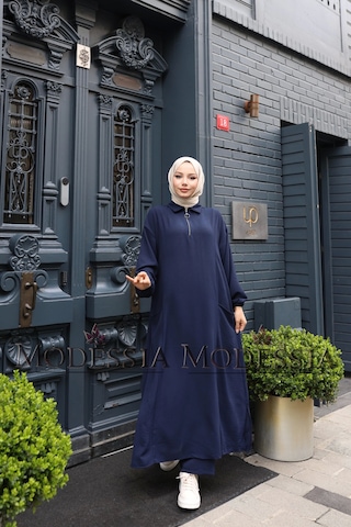 Kadın Lacivert Aerobin Uzun Önü Yarım Fermuarlı İkili Takım T1219 Lacivert