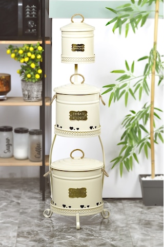 3 Katlı Metal Patates Soğan Sarımsak Saklama Kovası Krem