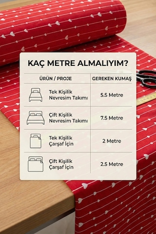 Pamuklu Kırmızı Kalpli Baskılı Kumaş En: 240 Cm Nevresim, Çarşaf, Yastık Kılıfı, Elbise, Çanta