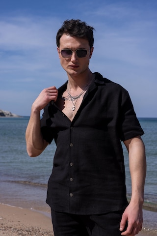 Siyah Renk Gömlek Şort Erkek Keten Takım-1745 Siyah