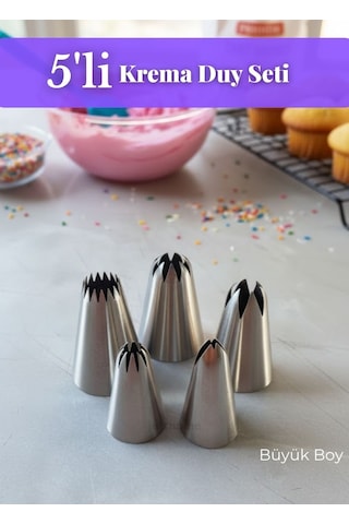Büyük Boy Krema Duy Seti 5'li Paslanmaz Pasta Cupcake Kurabiye Duyu Çelik Süsleme Başlıkları Set-4 Metalik Gri