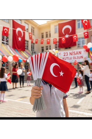 Premium 23 Nisan Türk Bayrağı - Tekli Alpaka Plastik Saplı, 20x30cm Tek Ebat