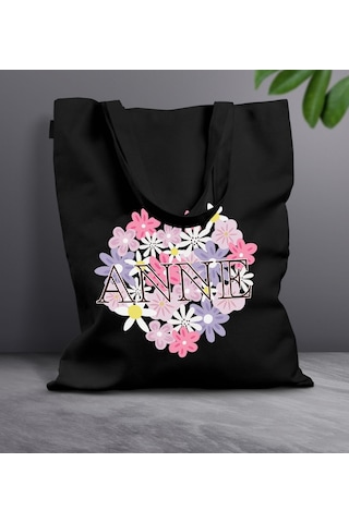 Bk Gift Anneler Günü Tasarımlı Siyah Kumaş Bez Çanta, Baskılı Omuz Çantası, Alışveriş Çantası, Anneler Günü Hediyesi, Anneye Hediye-3 Siyah