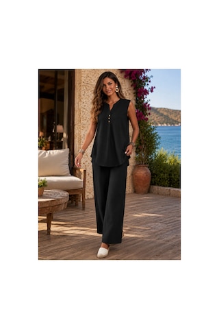 Unika Boutique Kadın Kısa Kollu Bürümcük Bluz Ve Pantolon Ikili Takım SIYAH