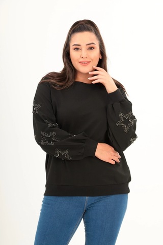 Aytemas Kolları Yıldız Taş Baskılı Sweatshirt Siyah