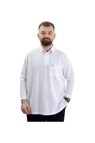 Mode Xl Büyük Beden Erkek Sweatshirt Polo Yaka Uzun Kol Waffle 23449 Beyaz Beyaz