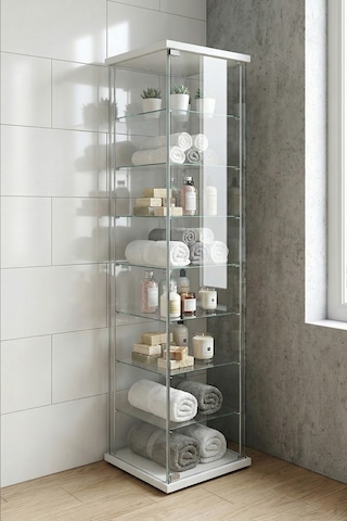 Cam Raflı Kapaklı Düzenleyici Banyo Dolabı Çok Amaçlı Lavabo Malzeme Dolap Havluluk Organizer Beyaz-7raf