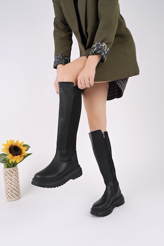 Muggo Nerox Kalın Taban Streç Detaylı Fermuarlı Kadın Çizme - Siyah