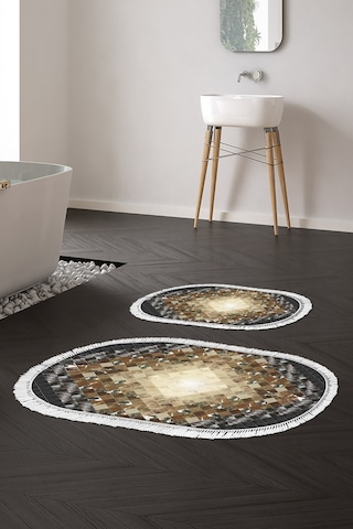Eko Trend Djt 2 Li Yıkanabilir Kaymaz Taban Oval Banyo Paspas Klozet Takımı 759 Patchwork Siyah 60 X 100 - 50 X 60