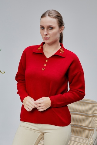 Lugmo Kadın Polo Yaka Oversize Çiçek Nakışlı Triko Kazak Kırmızı Kırmızı