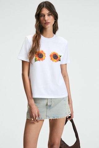 ETHIQUET KARIVA Kadın Bisiklet Yaka Kısa Kollu Ön Baskı Detaylı Regular Fit Beyaz / Desenli T-Shirt