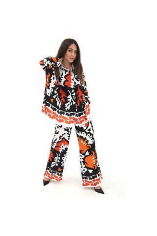 Yanı Yırtmaçlı Lale Desen Jessica Kumaş Takım - Siyah-siyah Siyah