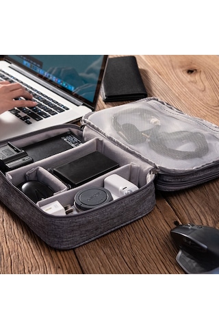 Vkemall Gri Üç Katlı Dijital Alet Çantası - Veri Kablosu, Powerbank Ve Kulaklık Saklama Çantası - Kaliteli Malzeme İle Dayanıklı