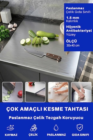 Büyük Boy Paslanmaz Çelik Metal Tezgah Koruyucu - Kesme Tahtası, Hamur Açma Matı Ve Doğrama Tahtası Gümüş