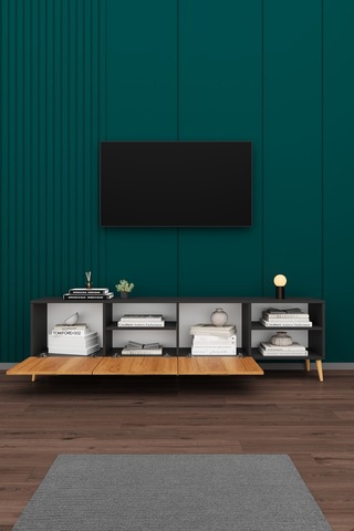 Asra Trend Tv Ünitesi T-22 %100 MDF 200 cm Büyük Boy Tv Sehpası Dolaplı Raflı Petra-Koyu Gri