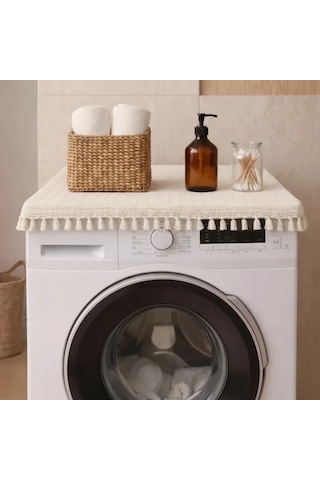 Ham Ponponlu Monica Çamaşır Makinesi Örtüsü - Çeyizlik Dekoratif Banyo Makine Kılıfı Krem