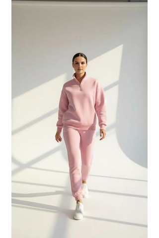Kazax 3 İplik Şardonlu Yarım Fermuarlı Sweatshirt Somon Somon