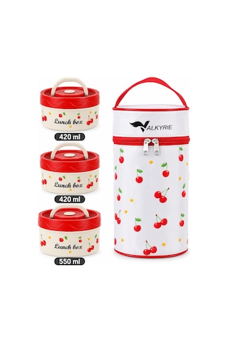 Valkyrie 3 Katlı Paslanmaz Çelik Kirazlı Yemek Termosu Lunch Box 1390 Ml Taşıma Çantalı Isı Yalıtımlı Kırmızı