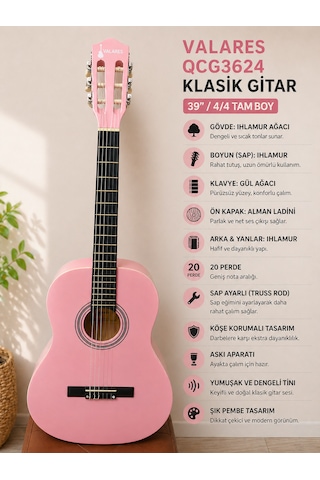 Valares Qcg3624 Klasik Gitar Soft Pembe Tasarım 39 4/4 Sap Ayarlı Köşe Korumalı Askı Aparatlı Yumuşak Tını