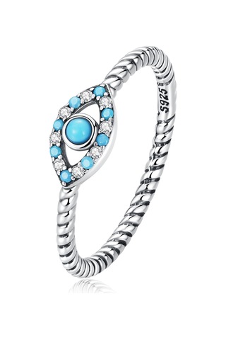 S925 Sterling Silver Turquoise Devil Eye Women Ring, Size:6 Çok Renkli